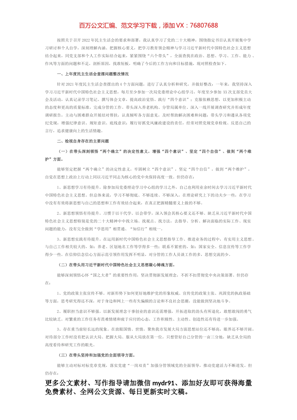 市局班子成员2022年度民主生活会对照检查材料.docx_第1页