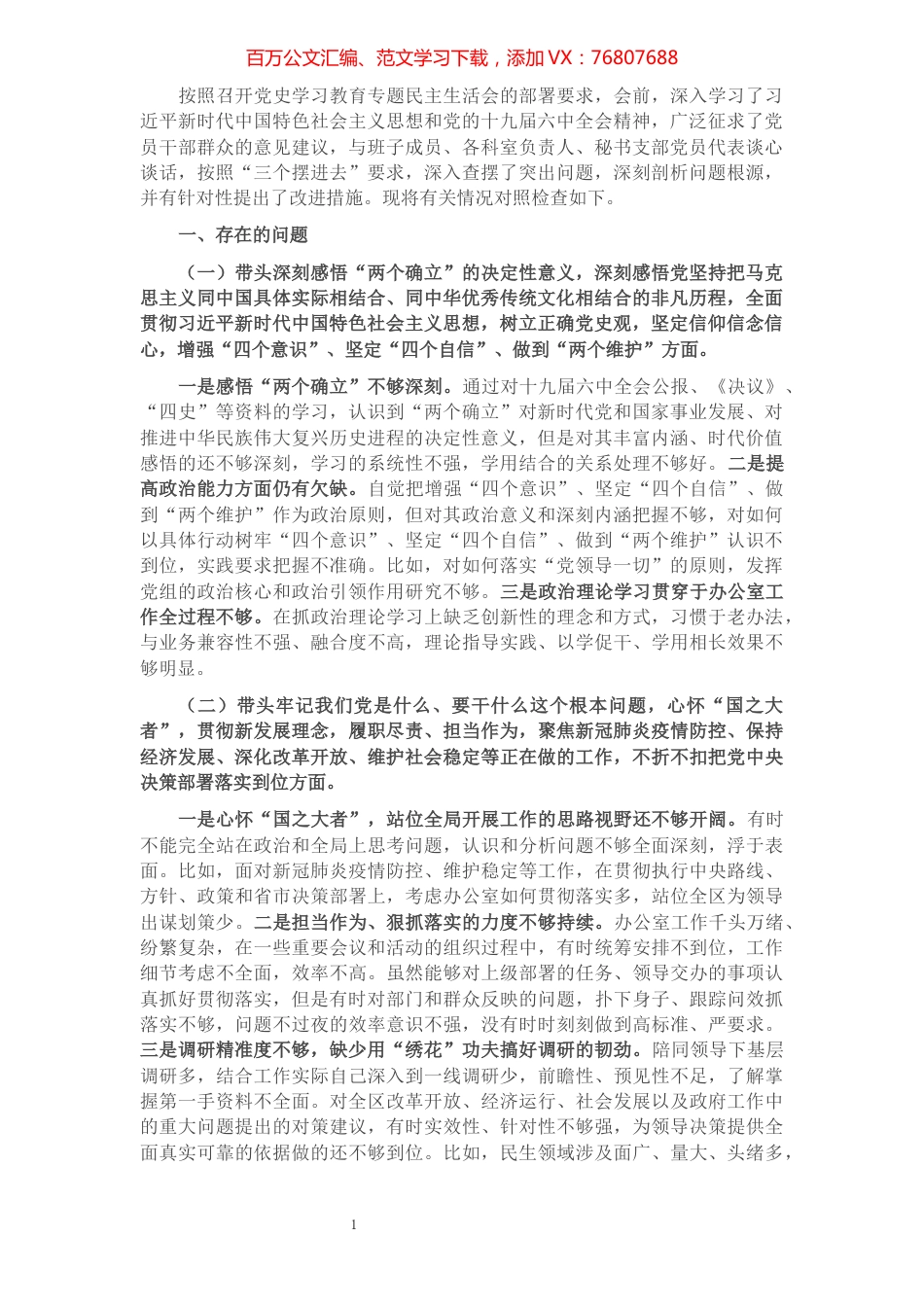 党史学习教育专题民主生活会个人对照检查材料（区府办主任）.docx_第1页