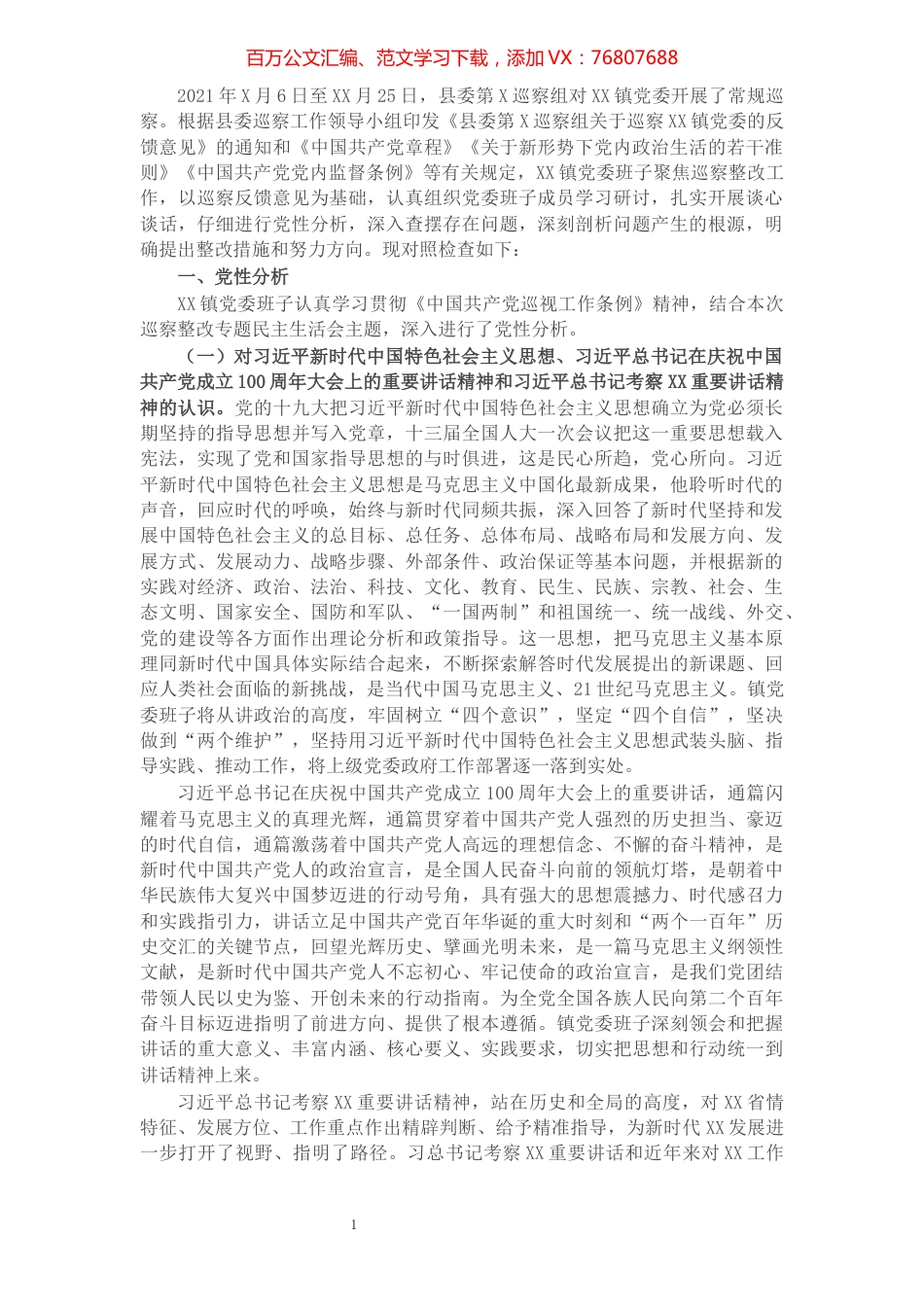 乡镇班子巡察整改专题民主生活会对照检查材料.docx_第1页