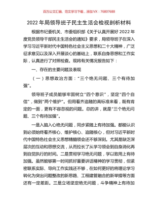 2022年局领导班子民主生活会检视剖析材料.docx