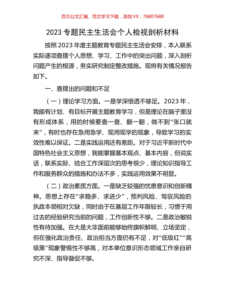 2023专题民主生活会个人检视剖析材料.docx_第1页