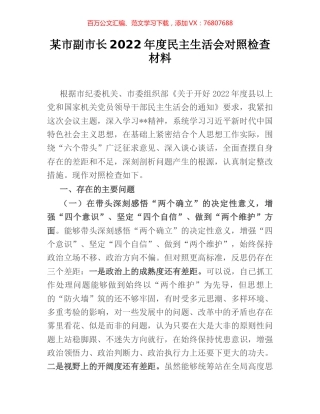 某市副市长2022年度民主生活会对照检查材料.docx