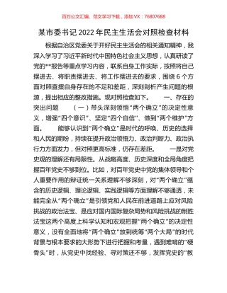 某市委书记2022年民主生活会对照检查材料.docx