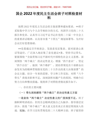 国企2022年度民主生活会班子对照检查材料.docx