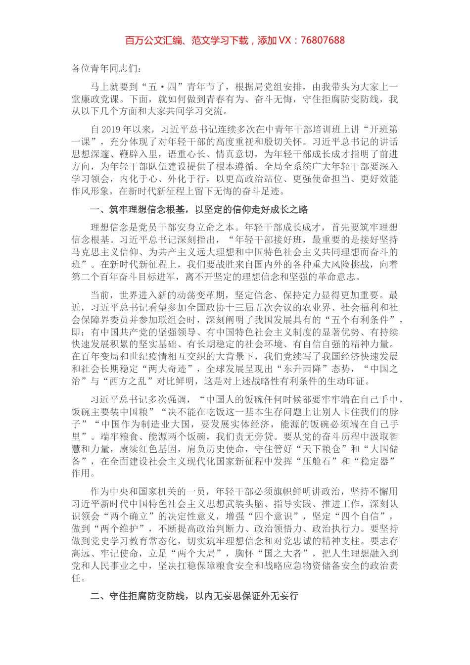 年轻干部专题党课：青春有为 奋斗无悔 守住拒腐防变防线.docx_第1页