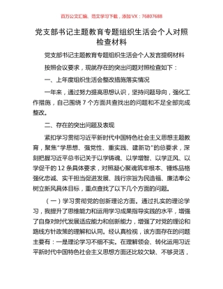 党支部书记主题教育专题组织生活会个人对照检查材料.docx