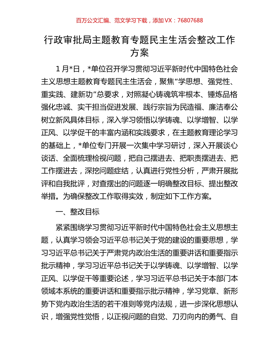 行政审批局主题教育专题民主生活会整改工作方案.docx_第1页