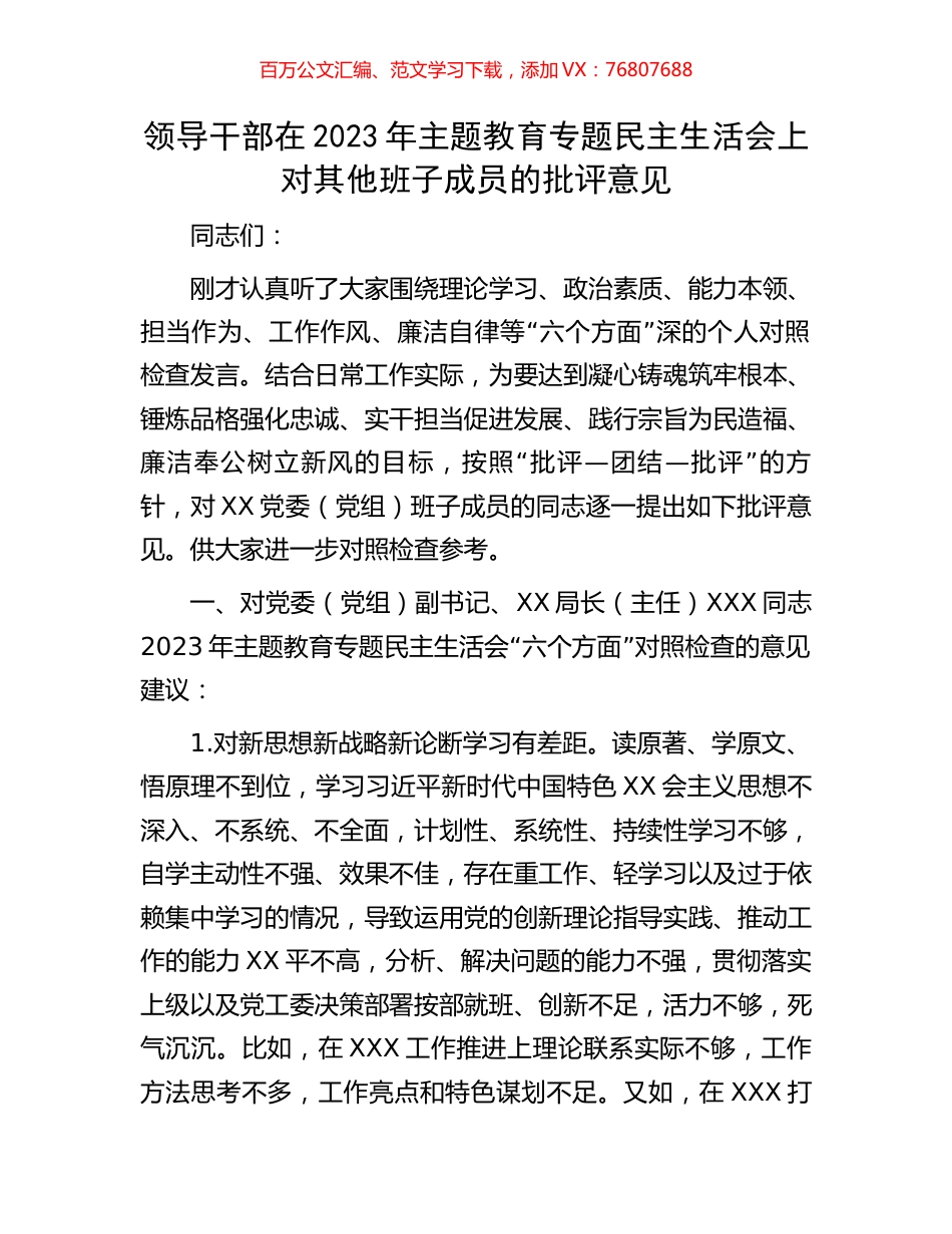 领导干部在2023年主题教育专题民主生活会上对其他班子成员的批评意见.docx_第1页