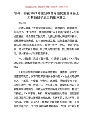 领导干部在2023年主题教育专题民主生活会上对其他班子成员的批评意见.docx