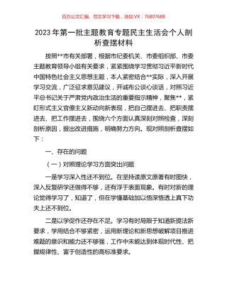 2023年第一批主题教育专题民主生活会个人剖析查摆材料.docx