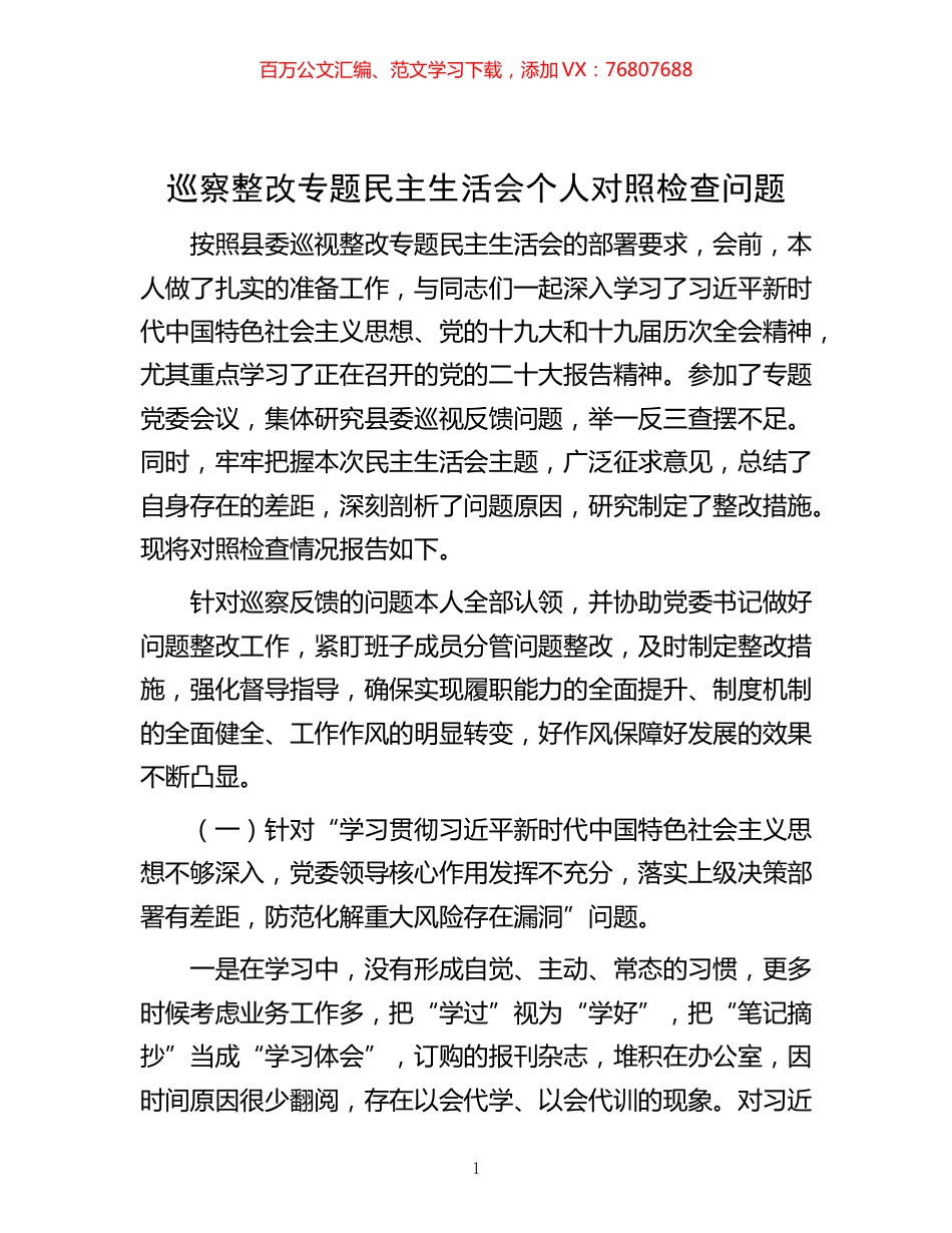 -巡察整改专题民主生活会个人对照检查问题.docx_第1页