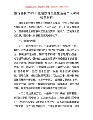 宣传部长2023年主题教育民主生活会个人对照检查材料.docx