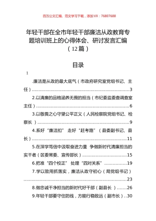 年轻干部在全市年轻干部廉洁从政教育专题培训班上的心得体会、研讨发言汇编（12篇）.docx