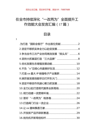 在全市持续深化“一改两为”全面提升工作效能大会发言汇编（17篇）.docx
