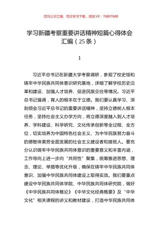 学习新疆考察重要讲话精神短篇心得体会汇编（25条）.docx