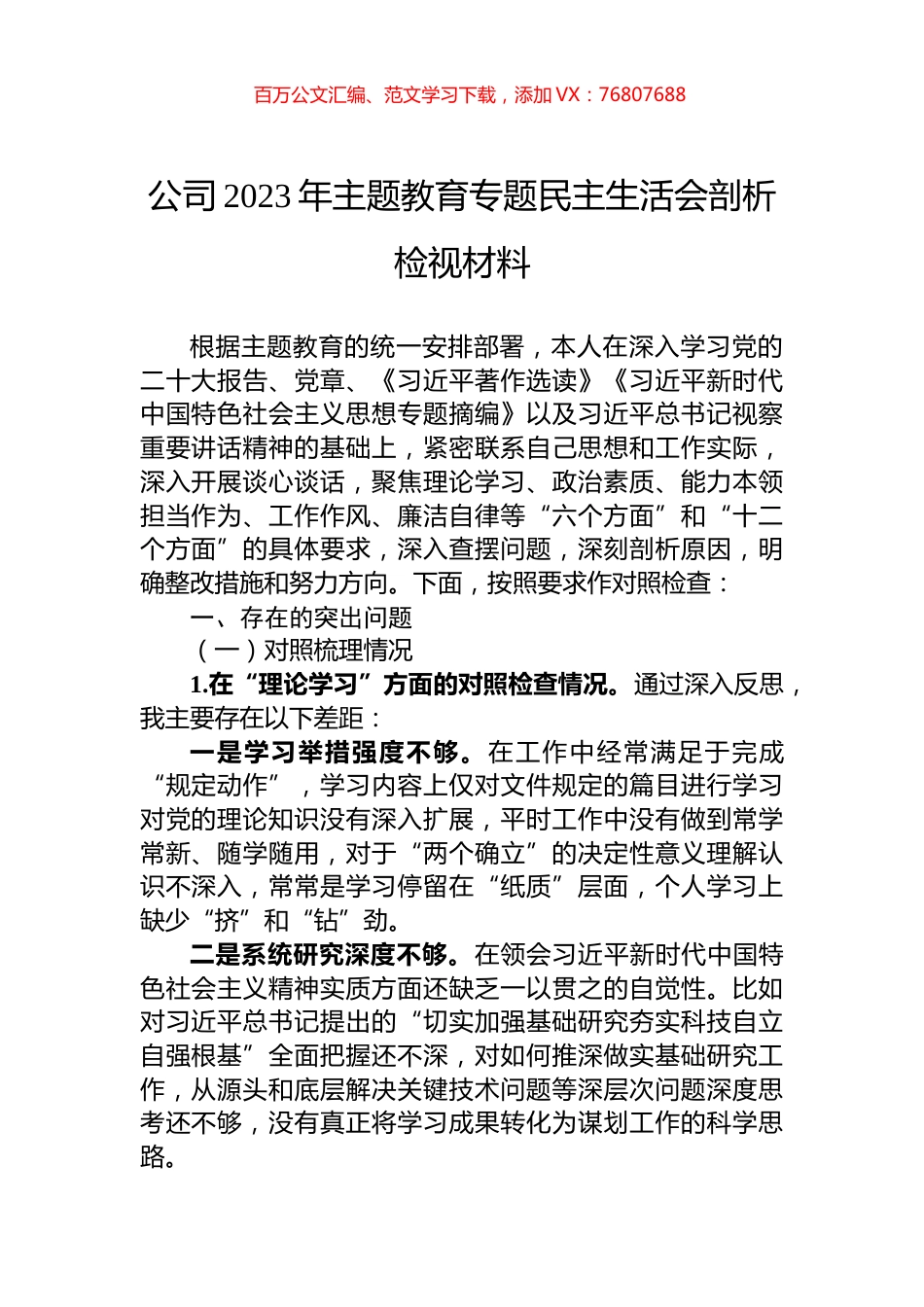 公司2023年主题教育专题民主生活会剖析检视材料.docx_第1页