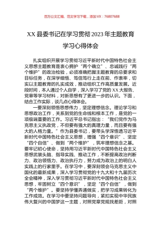 XX县委书记在学习贯彻2023年主题教育学习心得体会.docx
