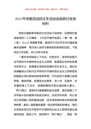 2023年专题活动民主生活会会前研讨发言材料.docx