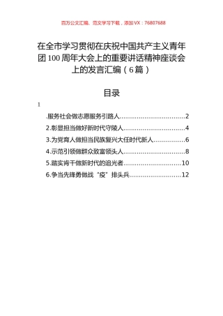 在全市学习贯彻在庆祝中国共产主义青年团100周年大会上的重要讲话精神座谈会上的发言汇编（6篇）.docx