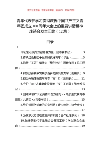 青年代表在学习贯彻庆祝中国共产主义青年团成立100周年大会上的重要讲话精神座谈会发言汇编（12篇）.docx