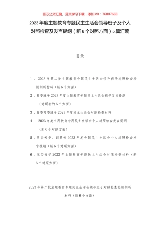 2023年度主题教育专题民主生活会领导班子及个人对照检查及发言提纲（新6个对照方面）5篇汇编.docx