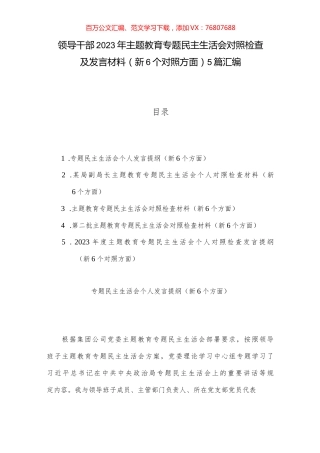 领导干部2023年主题教育专题民主生活会对照检查及发言材料（新6个对照方面）5篇汇编.docx