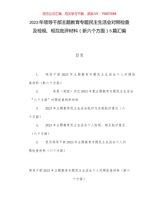 2023年领导干部主题教育专题民主生活会对照检查及检视、相互批评材料（新六个方面）5篇汇编.docx