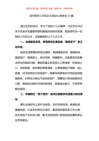 驻村帮扶工作队队长培训心得体会汇编（15篇）.docx