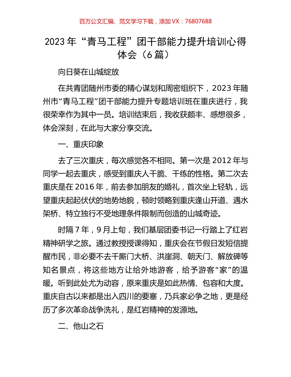 2023年“青马工程”团干部能力提升培训心得体会（6篇）.docx_第1页
