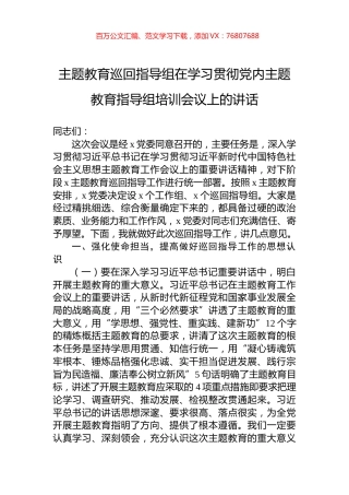 主题教育巡回指导组在学习贯彻党内主题教育指导组培训会议上的讲话.docx