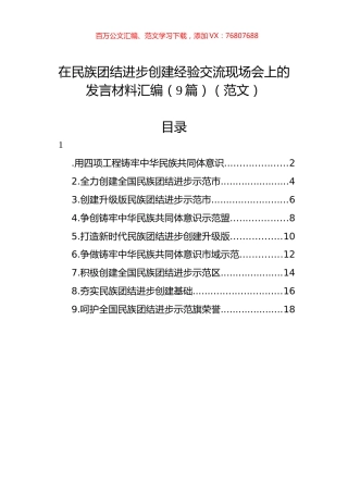 在民族团结进步创建经验交流现场会上的发言材料汇编（9篇）（范文）.docx
