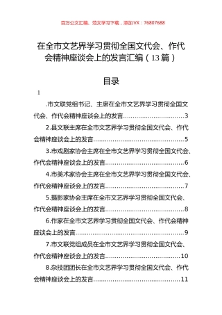 在全市文艺界学习贯彻全国文代会、作代会精神座谈会上的发言汇编（13篇）.docx