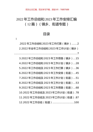2022年工作总结和2023年工作安排汇编（12篇）（镇乡、街道专题）.docx