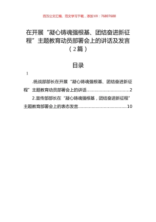 在开展“凝心铸魂强根基、团结奋进新征程”主题教育动员部署会上的讲话及发言（2篇）.docx