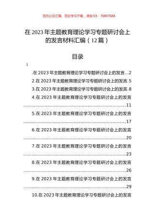 在2023年主题教育理论学习专题研讨会上的发言材料汇编（12篇）.docx