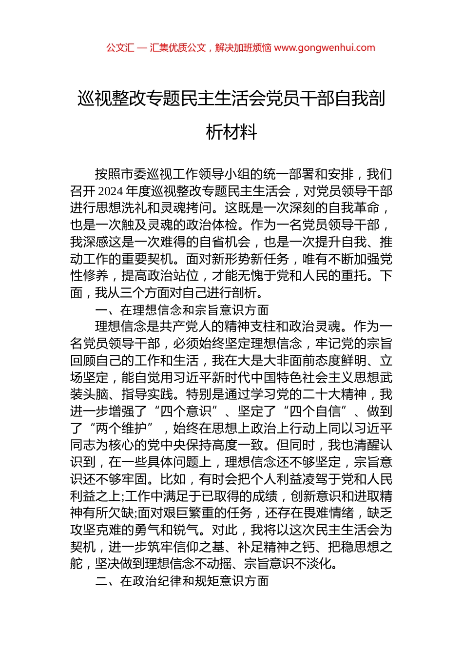 巡视整改专题民主生活会党员干部自我剖析材料.docx_第1页