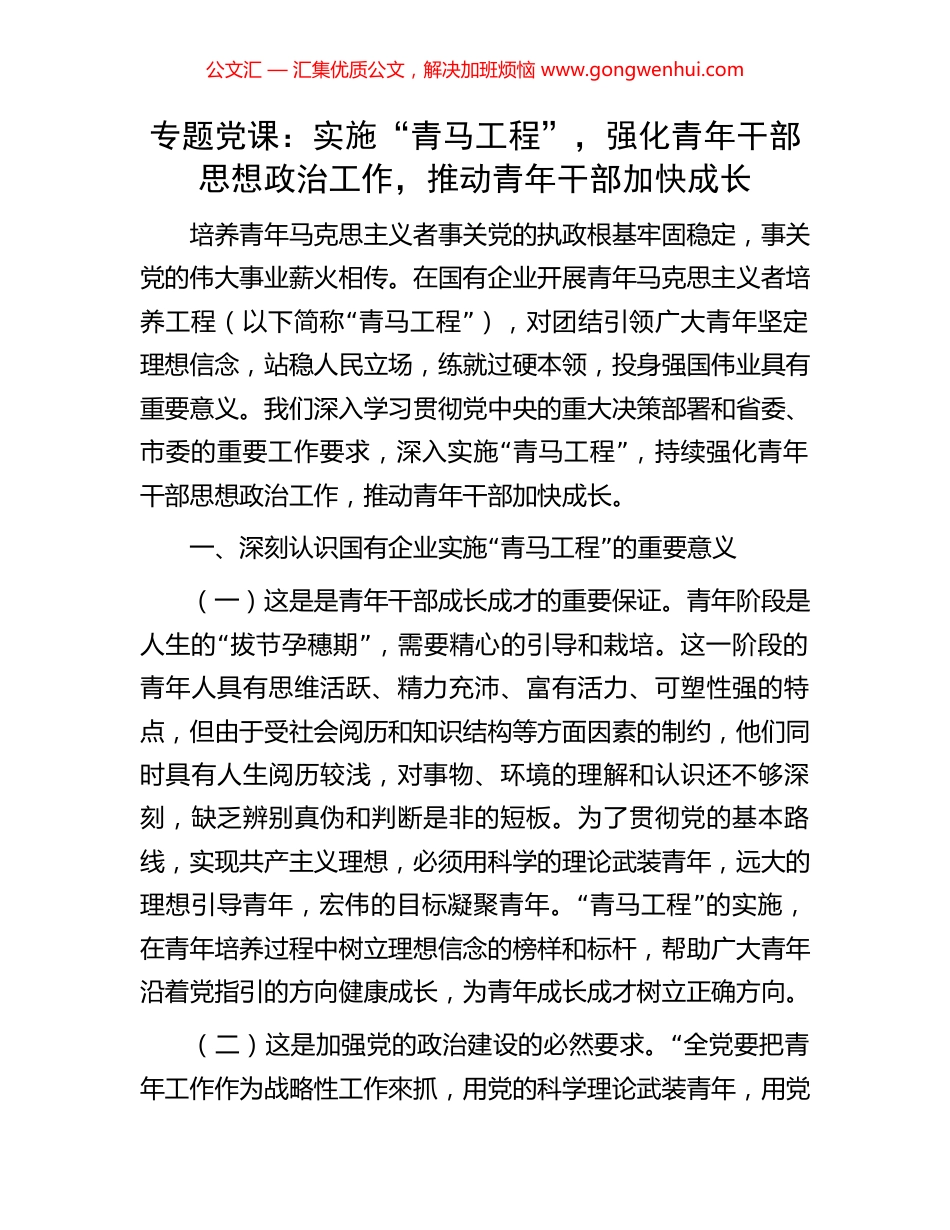 专题党课：实施“青马工程”，强化青年干部思想政治工作，推动青年干部加快成长.docx_第1页