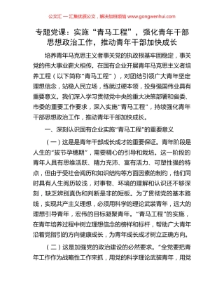专题党课：实施“青马工程”，强化青年干部思想政治工作，推动青年干部加快成长.docx