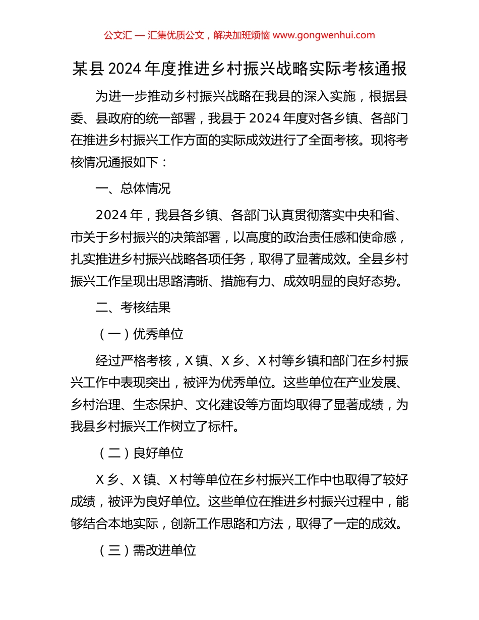 某县2024年度推进乡村振兴战略实际考核通报.docx_第1页