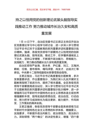 持之以恒用党的创新理论武装头脑指导实践推动工作+努力推动城市长治久安和高质量发展.docx