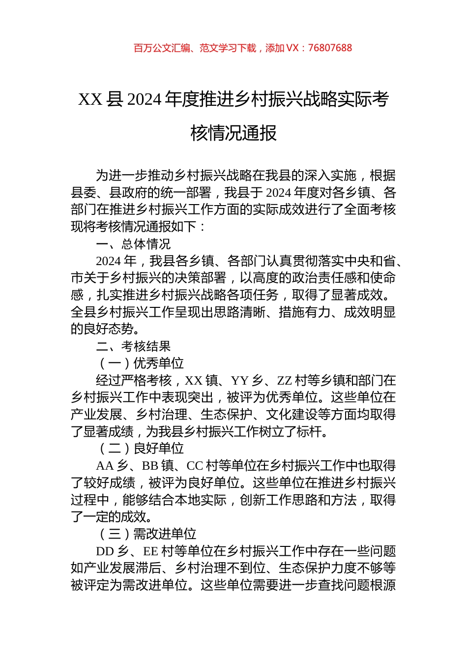 XX县2024年度推进乡村振兴战略实际考核情况通报.docx_第1页