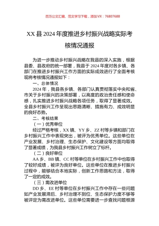 XX县2024年度推进乡村振兴战略实际考核情况通报.docx