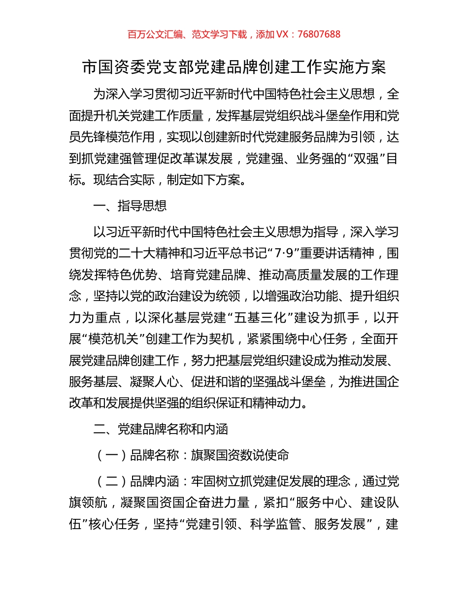 市国资委党支部党建品牌创建工作实施方案.docx_第1页