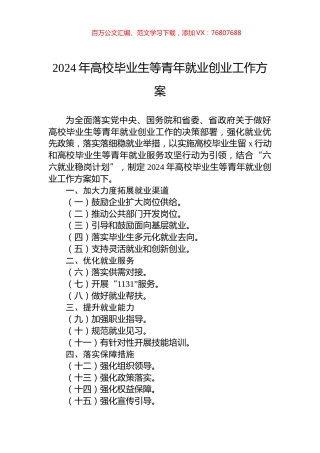 2024年高校毕业生等青年就业创业工作方案.docx