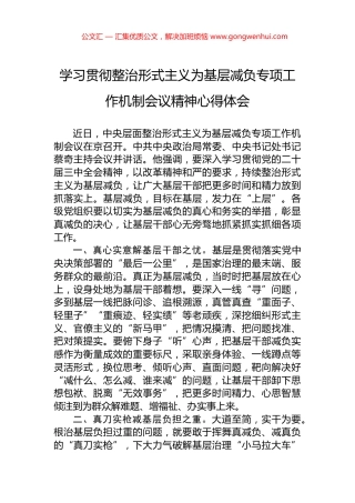 学习贯彻整治形式主义为基层减负专项工作机制会议精神心得体会.docx