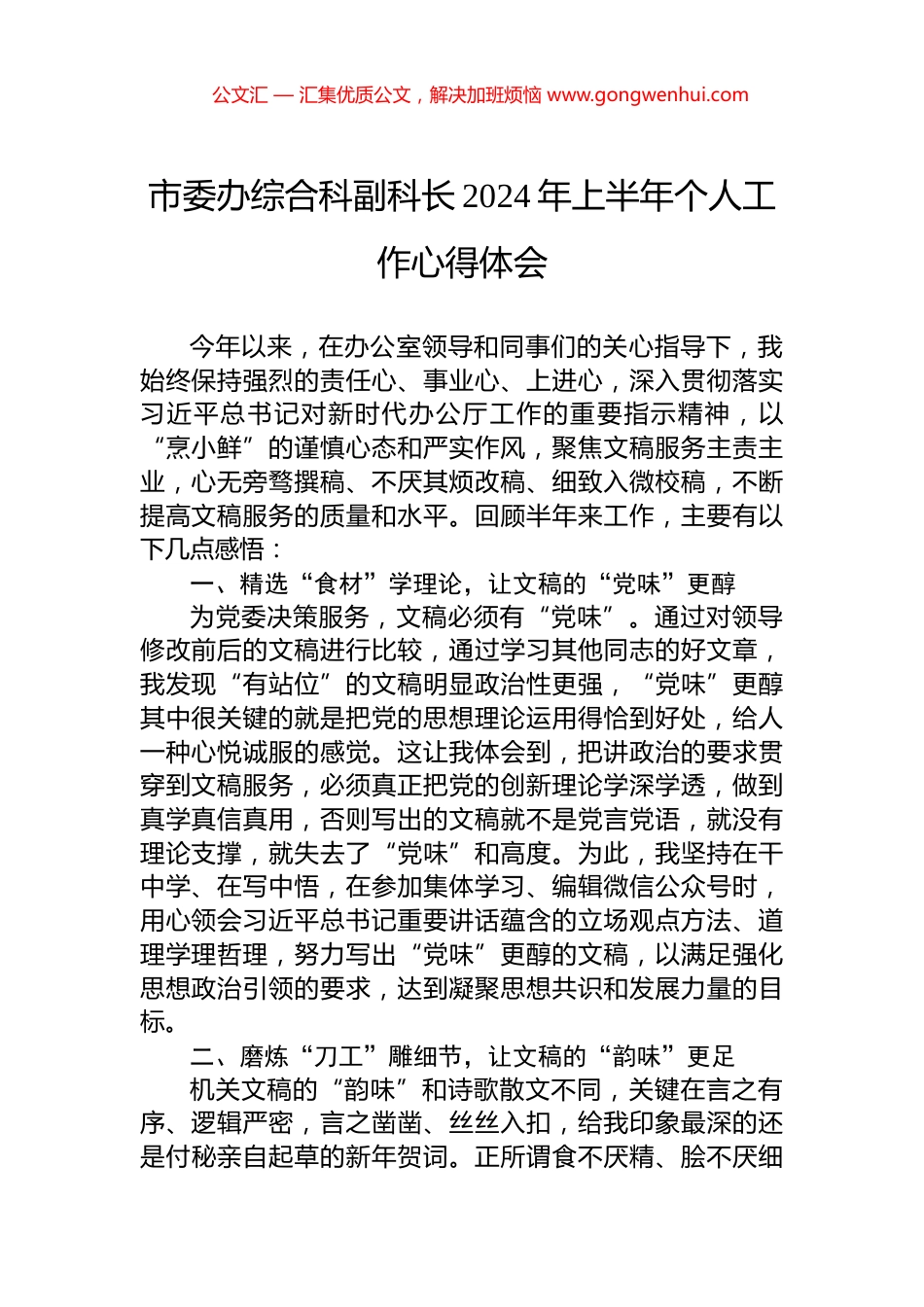 市委办综合科副科长2024年上半年个人工作心得体会.docx_第1页