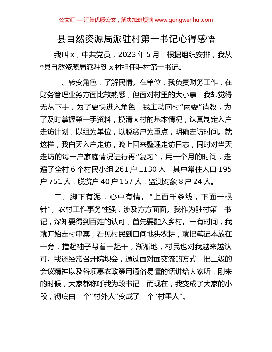 县自然资源局派驻村第一书记心得感悟 (2).docx_第1页