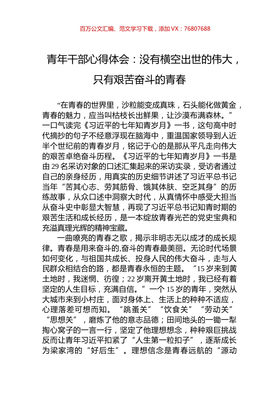 青年干部心得体会：没有横空出世的伟大，只有艰苦奋斗的青春.docx_第1页