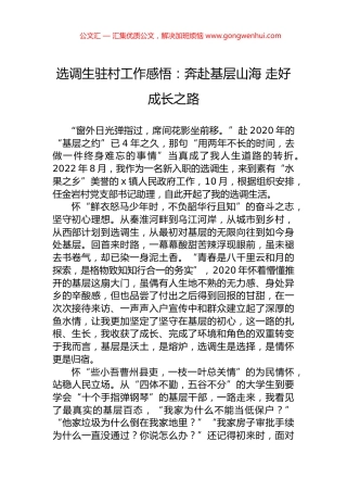 选调生驻村工作感悟：奔赴基层山海+走好成长之路.docx