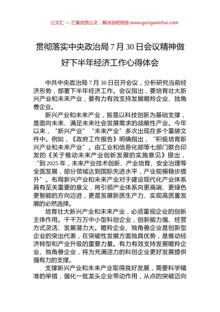 贯彻落实中央政治局7月30日会议精神做好下半年经济工作心得体会.docx